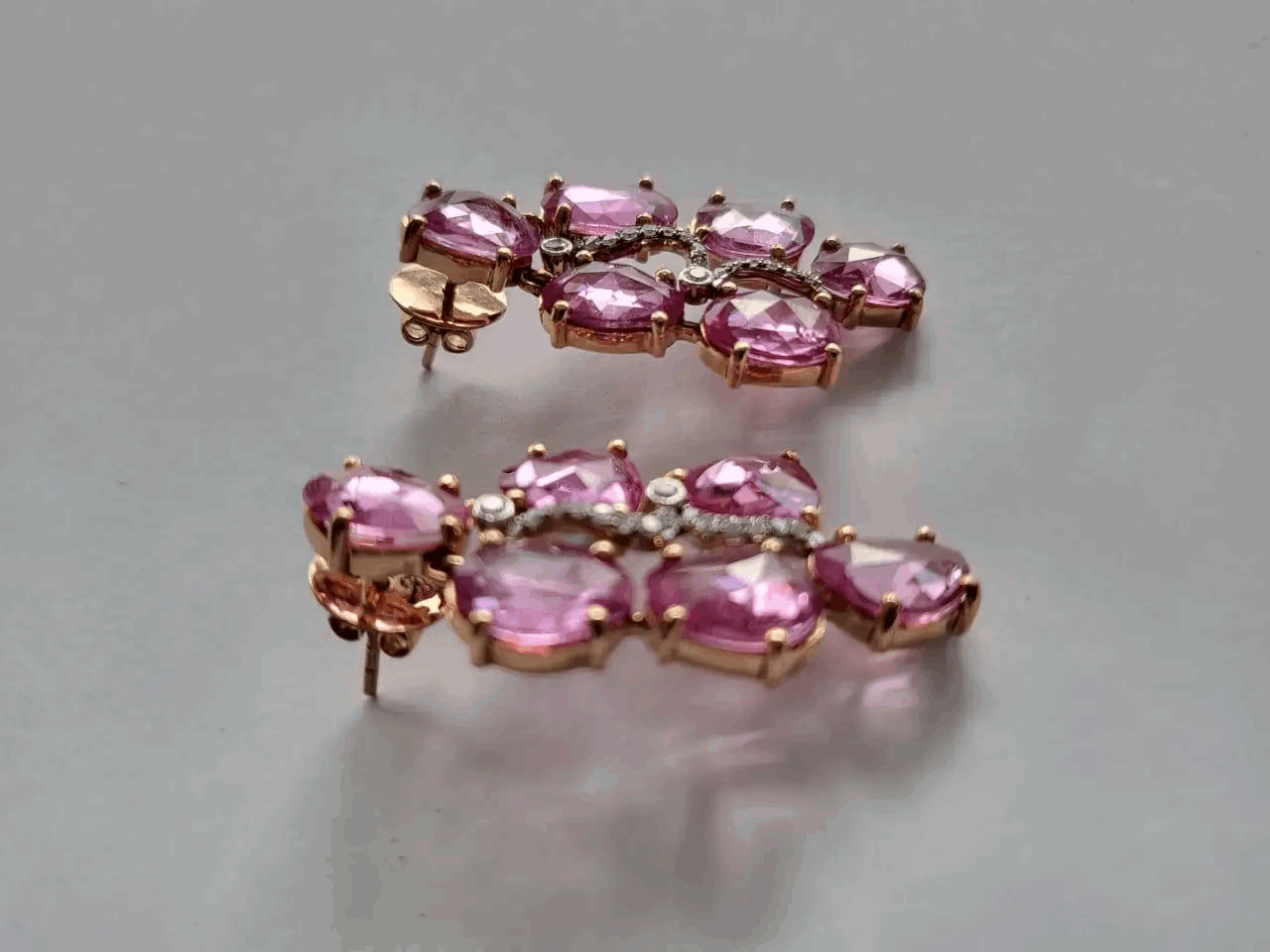 Pink Sapphire Rose Cuts 18.25 carats Set in 18K Rose Gold & Diamonds Earrings