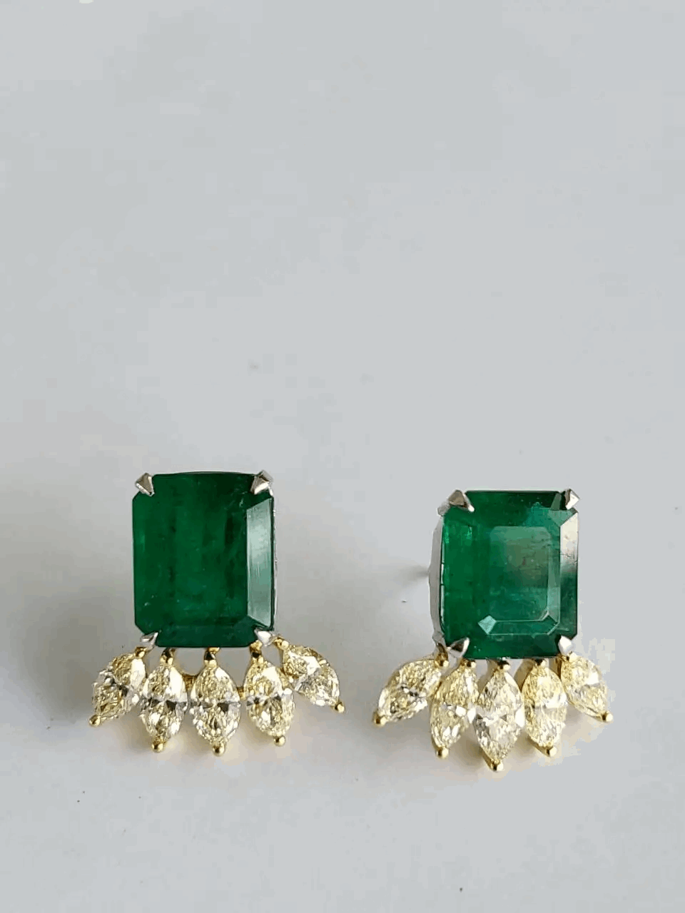 Natural Zambian Emeralds 11.51 carats & Yellow Marquise Diamonds Stud Earrings