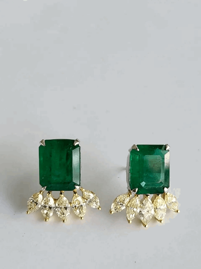 Natural Zambian Emeralds 11.51 carats & Yellow Marquise Diamonds Stud Earrings Main Image