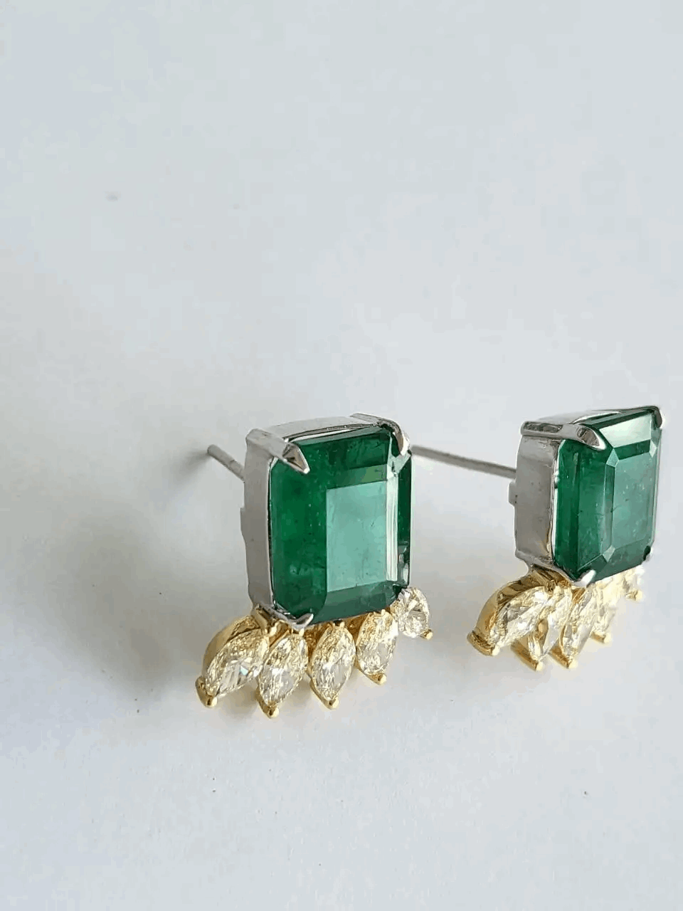 Natural Zambian Emeralds 11.51 carats & Yellow Marquise Diamonds Stud Earrings