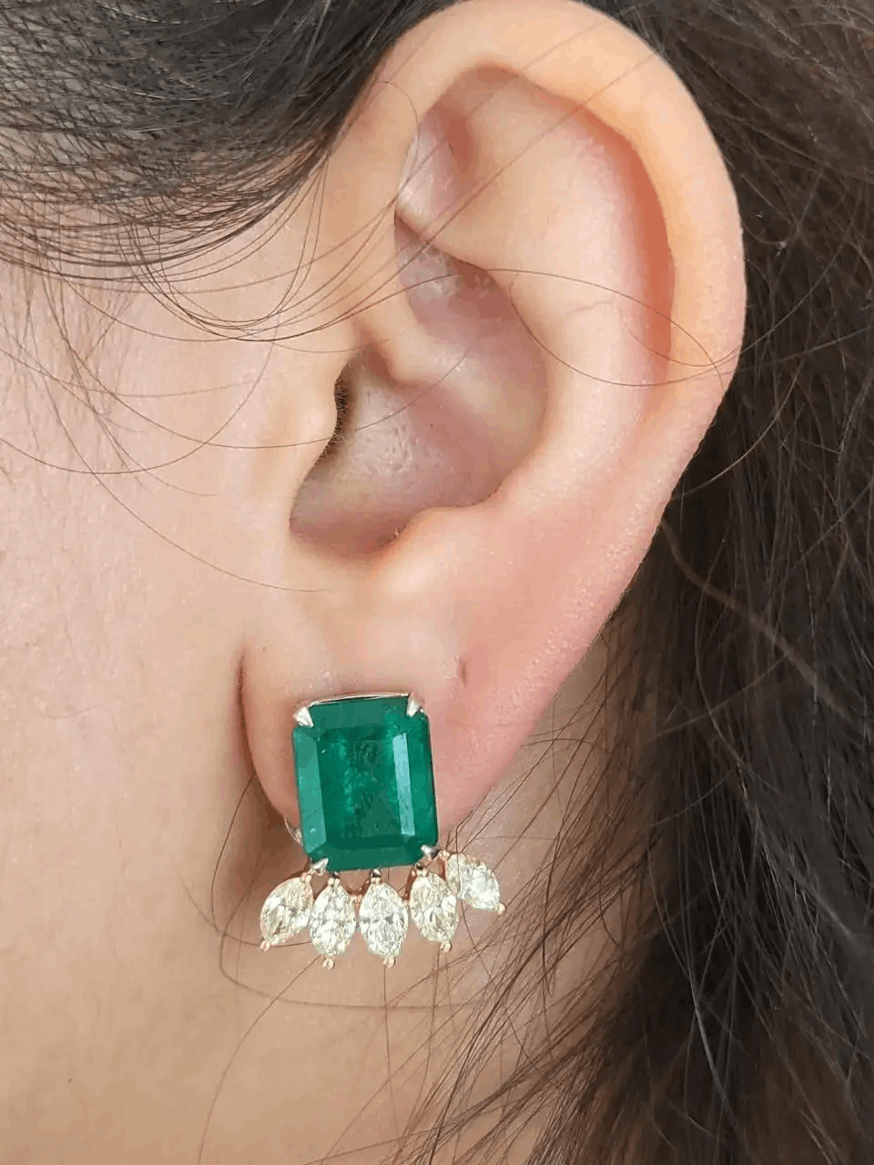 Natural Zambian Emeralds 11.51 carats & Yellow Marquise Diamonds Stud Earrings