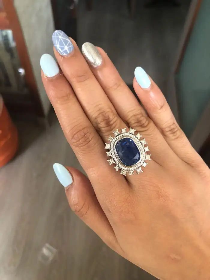 15.88 Ct. Burma Blue Sapphire Cocktail Ring - 18k White Gold Diamond Ring