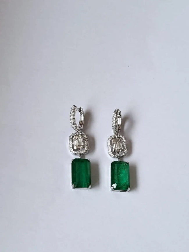 Natural Zambian Emerald Set in 18K Rose Gold & Diamonds Dangle Earrings Main Image
