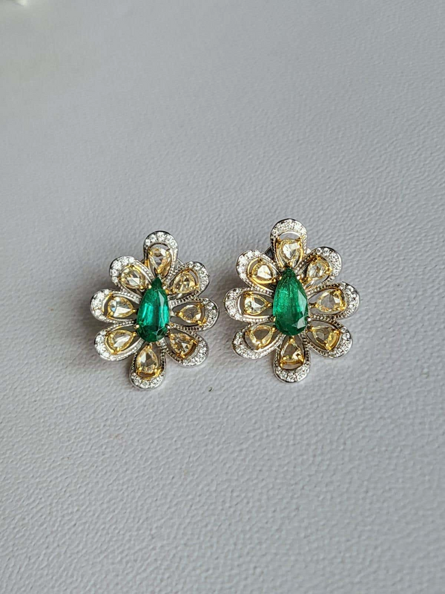 Set in 18K Gold, 2.12 Carats, Zambian Emerald & Rose Cut Diamonds Stud Earrings Main Image