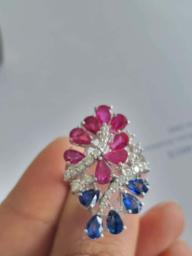 Engagement Ring in Ruby, Blue Sapphire & Diamonds / Cocktail Ring Main Image
