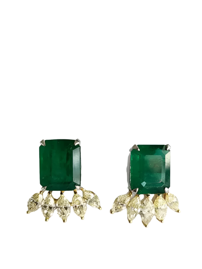 Natural Zambian Emerald Stud Earrings - 18k Two Tone Gold Earrings With Marquise Yellow Diamonds Hover Image