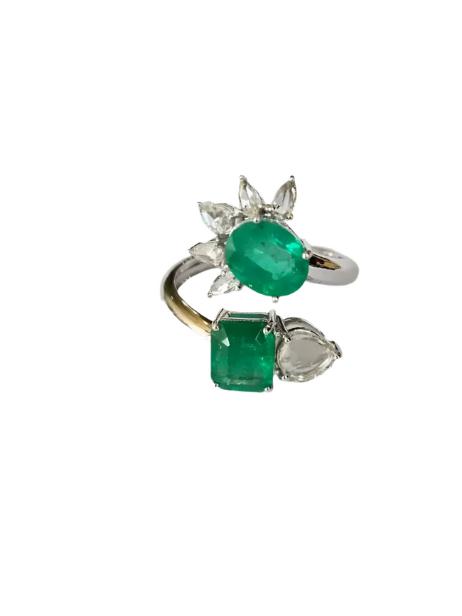 18k White Gold Ring - Natural Zambian Emerald Wrap Ring - Rose Cut Diamond Cuff Ring Hover Image