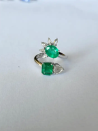 18k White Gold Ring - Natural Zambian Emerald Wrap Ring - Rose Cut Diamond Cuff Ring