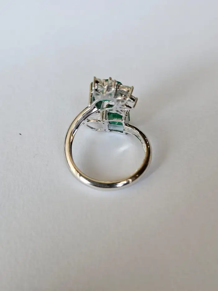 18k White Gold Ring - Natural Zambian Emerald Wrap Ring - Rose Cut Diamond Cuff Ring