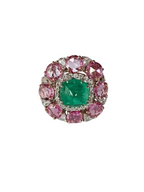 Colombian Emerald Sugarloaf, Pink Sapphires & Rose Cut Diamonds Cocktail Ring - 18k White Gold Ring