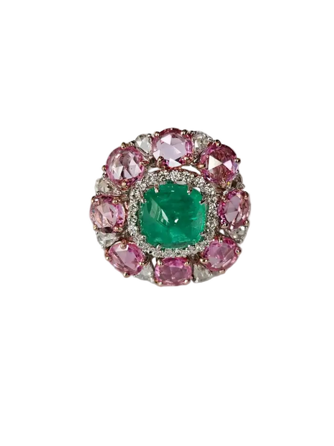 Colombian Emerald Sugarloaf, Pink Sapphires & Rose Cut Diamonds Cocktail Ring - 18k White Gold Ring Hover Image