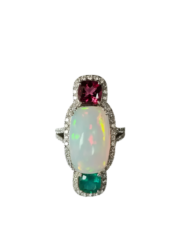 0.84 Ct. Round Cut Diamond 18k White Gold Wedding Ring Natural Ethiopian Opal, Zambian Emerald & Rubellite Gemstone Jewelry Gift Hover Image