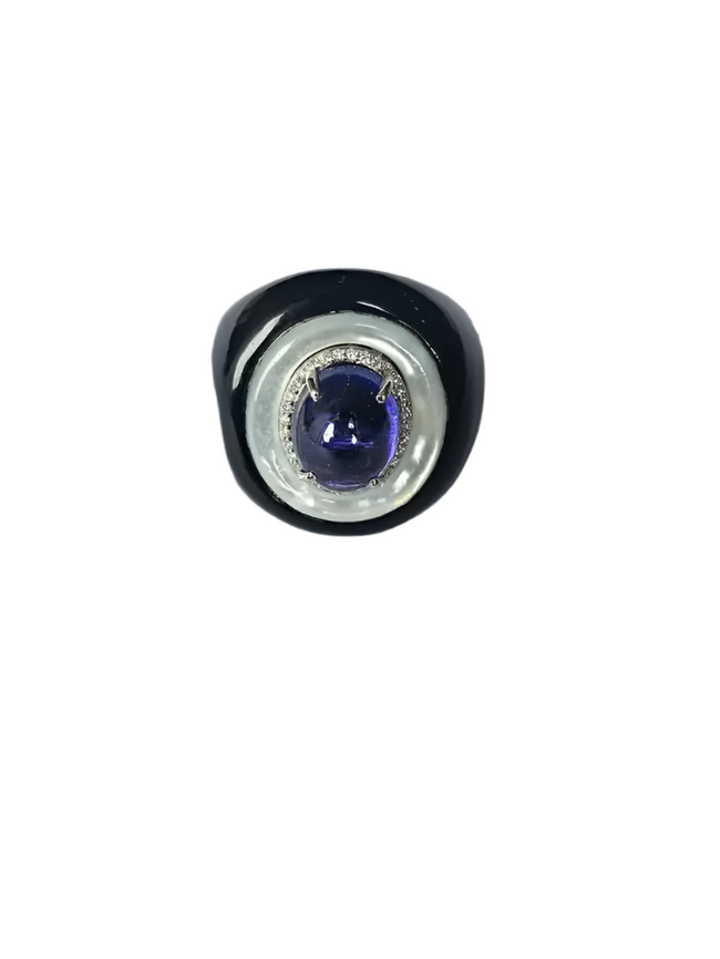 18k White Gold Ring - Natural Tanzanite & Mother Of Pearl Ring - Gold Diamond Cocktail Ring - Black Onyx Ring - Diamond Women Ring Hover Image