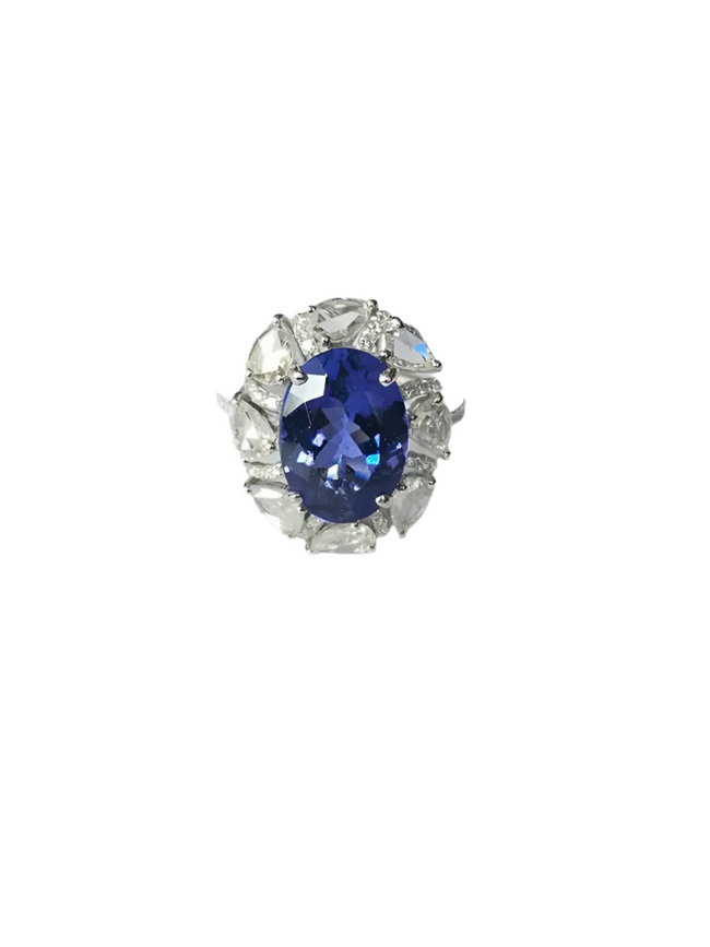 18k White Gold Diamond Ring | Natural Tanzanite Gemstone Cocktail Ring | Wedding Ring Hover Image