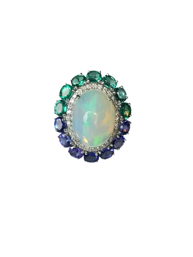 Gold Diamond Ring | 18k White Gold Zambian Emerald Ring | Tanzanite & Ethiopian Opal Cocktail Ring | Handmade Gold Diamond Ring Hover Image