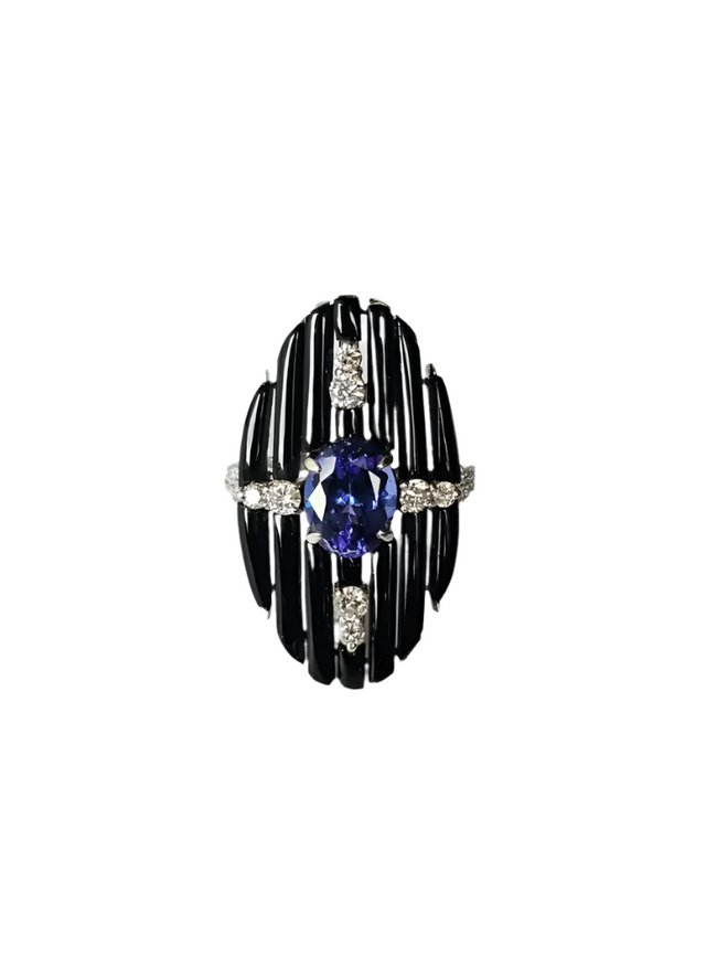 Black Onyx & Tanzanite Gemstone Ring - 18k White Gold Diamond Cocktail Ring Hover Image