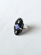 Black Onyx & Tanzanite Gemstone Ring - 18k White Gold Diamond Cocktail Ring