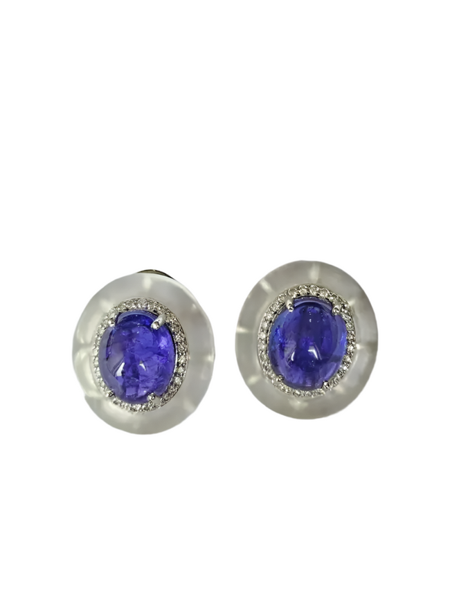 Set in 18K Gold, Tanzanite Cabochon, Rock Crystal & Diamonds Stud Earrings Hover Image