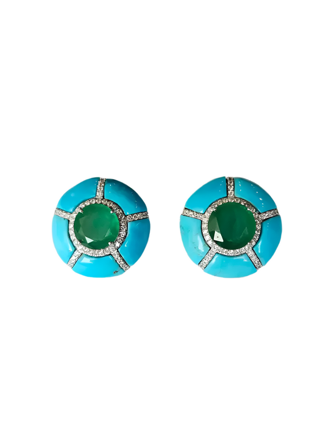 18k White Round Zambian Emerald Stud Earrings - Turquoise Gemstone & Diamond Women Jewelry Hover Image