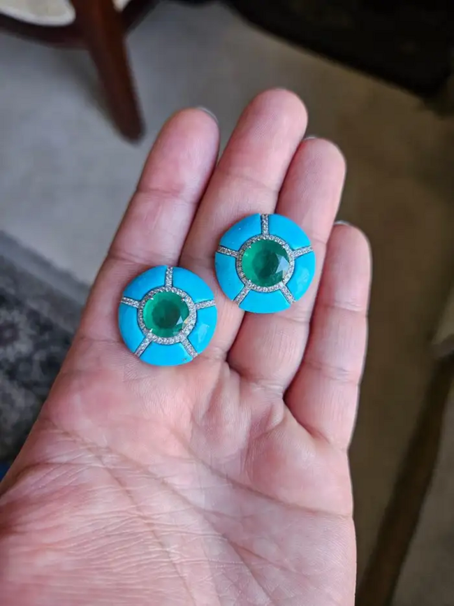 18k White Round Zambian Emerald Stud Earrings - Turquoise Gemstone & Diamond Women Jewelry Main Image