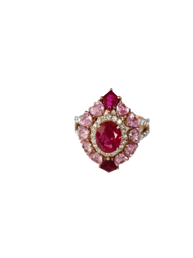 18K Yellow Gold, natural Mozambique Ruby, Pink Sapphire & Diamonds Cocktail Ring Hover Image