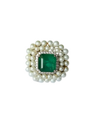 Natural Zambian Emerald & Diamond Wedding Ring - 18k White Gold Fresh Water Pearl Cocktail Ring