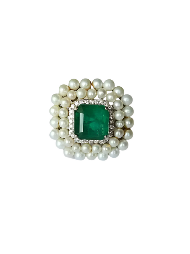 Natural Zambian Emerald & Diamond Wedding Ring - 18k White Gold Fresh Water Pearl Cocktail Ring Hover Image