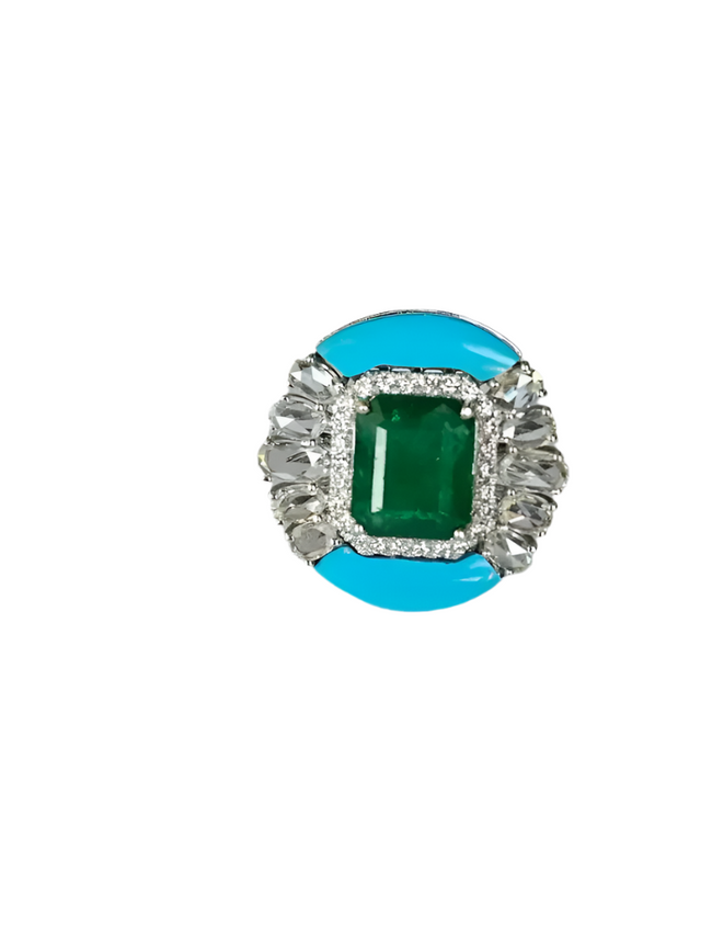 Natural Emerald & Rose Cut Diamond Ring - 18k White Gold Turquoise Gemstone Wedding Ring Hover Image