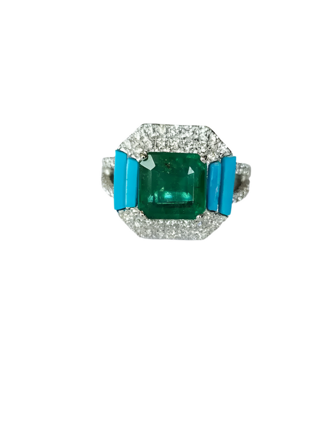 18k White Gold, Zambian Emerald, Natural Turquoise & Diamonds Engagement Ring Hover Image