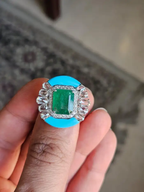 Natural Emerald & Rose Cut Diamond Ring - 18k White Gold Turquoise Gemstone Wedding Ring