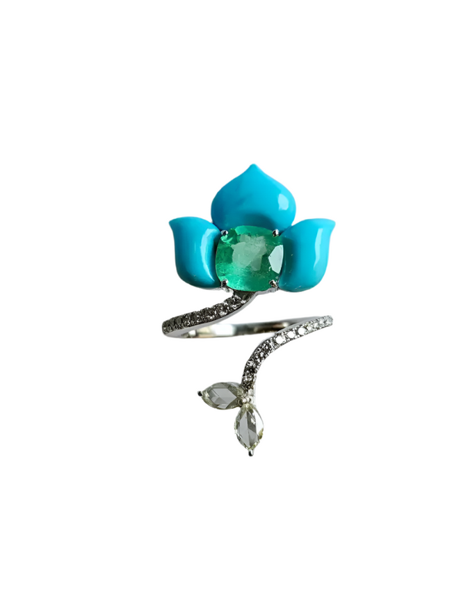 Natural Colombian Emerald & Turquoise Gemstone Floral Ring - 18k White Gold Rose Cut Diamond Women Ring Hover Image
