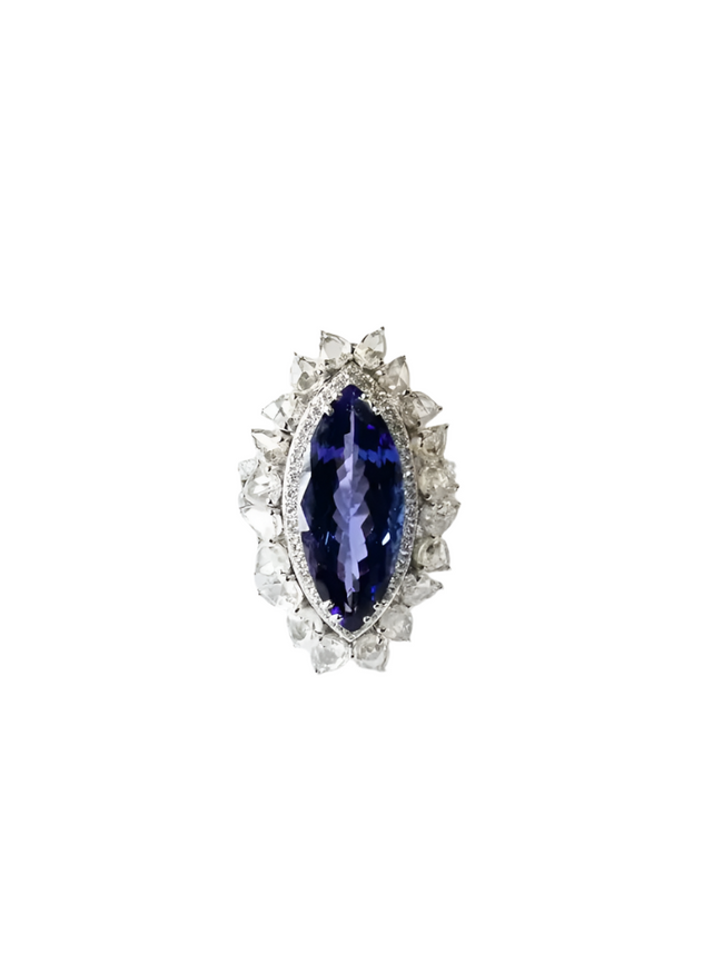 7.92 Ct. Natural Tanzanite Gemstone Statement Ring - 18k White Gold Diamond Engagement Ring Hover Image