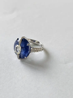 13.38 Ct. Round Cut Blue Sapphire Gemstone Ring - 18k White Gold Wedding With Rose Cut Diamonds