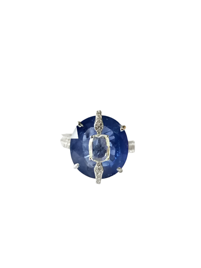13.38 Ct. Round Cut Blue Sapphire Gemstone Ring - 18k White Gold Wedding With Rose Cut Diamonds Hover Image