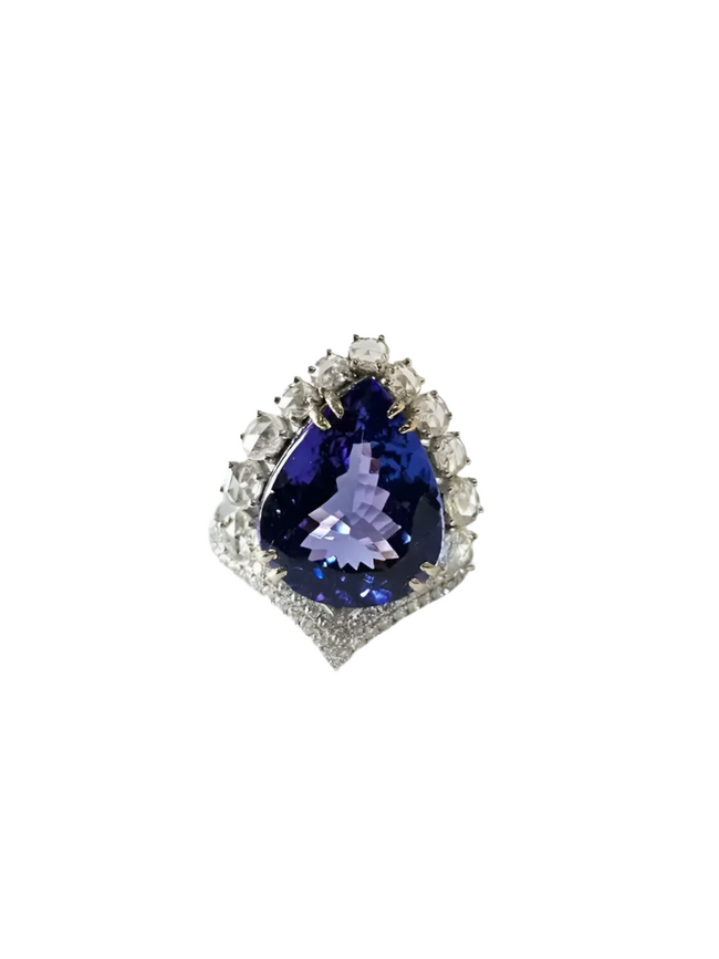 Natural Pear Tanzanite Gemstone Statement Ring - 18k White Gold Rose Cut Diamonds Women Ring Hover Image