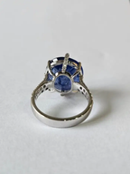 13.38 Ct. Round Cut Blue Sapphire Gemstone Ring - 18k White Gold Wedding With Rose Cut Diamonds