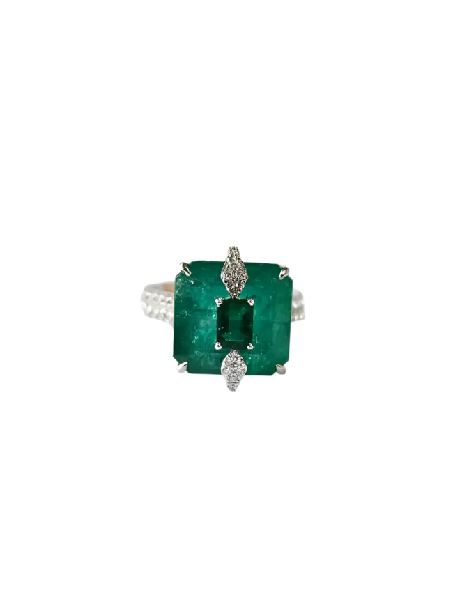 Natural Zambian Emerald Diamond Ring - 18k White Gold Handmade Ring - Gold Diamond Women Ring Gift Hover Image