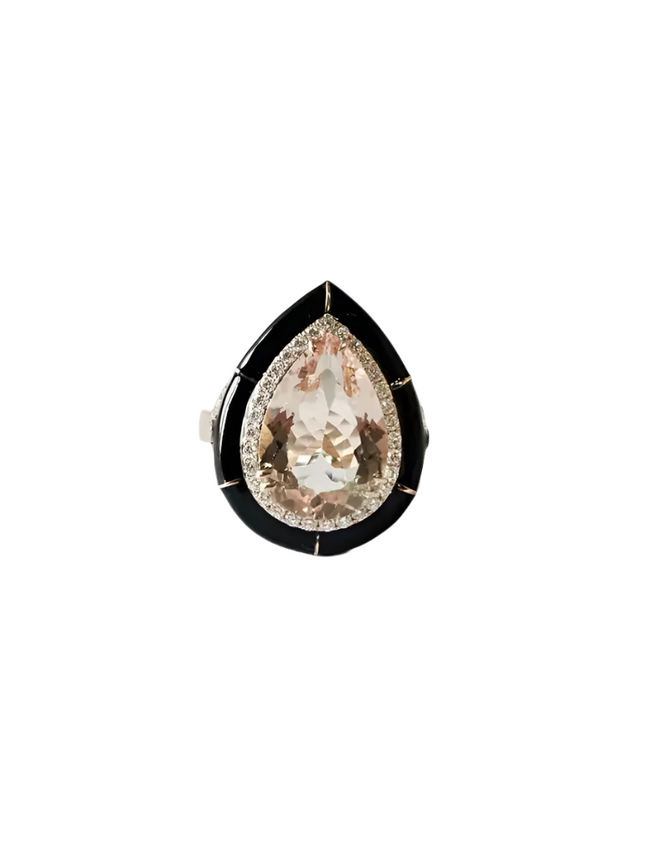 Pear Shape Morganite Ring - Black Enamel Statement Ring - 18k Rose Gold Diamond Ring - Best Anniversary Gift For Wife Hover Image
