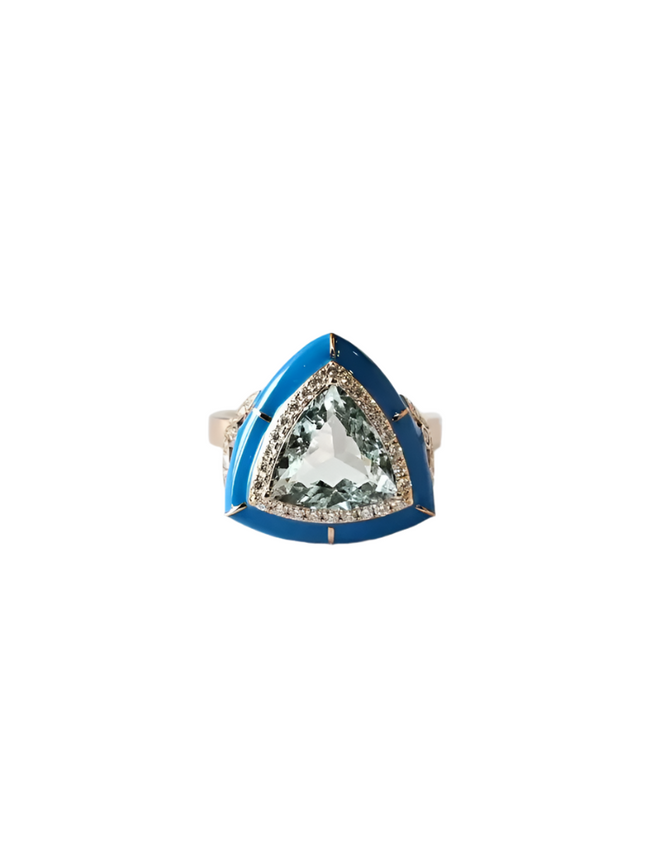 Trillion Shape Aquamarine Ring - Blue Enamel & Diamond Minimalist Ring - 18k Gold Diamond Women Ring Hover Image