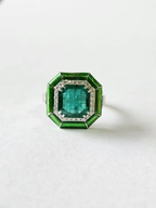 18k White Gold, 3.47 carats Emerald, Green Enamel & Diamonds Engagement Ring