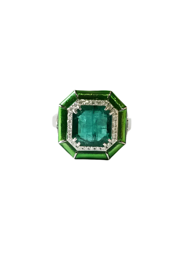18k White Gold, 3.47 carats Emerald, Green Enamel & Diamonds Engagement Ring Hover Image
