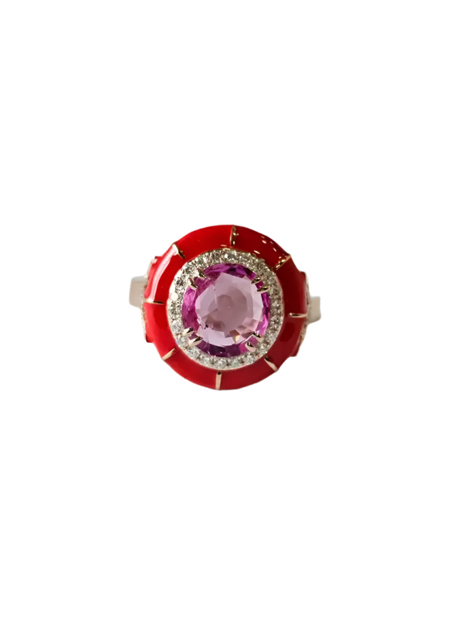 18k Gold Diamond Minimalist Ring - Natural Pink Sapphire & Red Enamel Ring - Party Wear Ring Hover Image