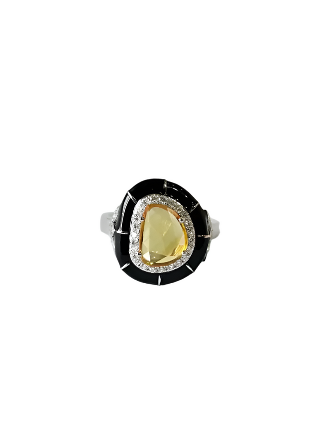 Ceylon Yellow Sapphire & Black Enamel Tiny Ring - 18k White Gold, Diamond Handmade Ring Hover Image