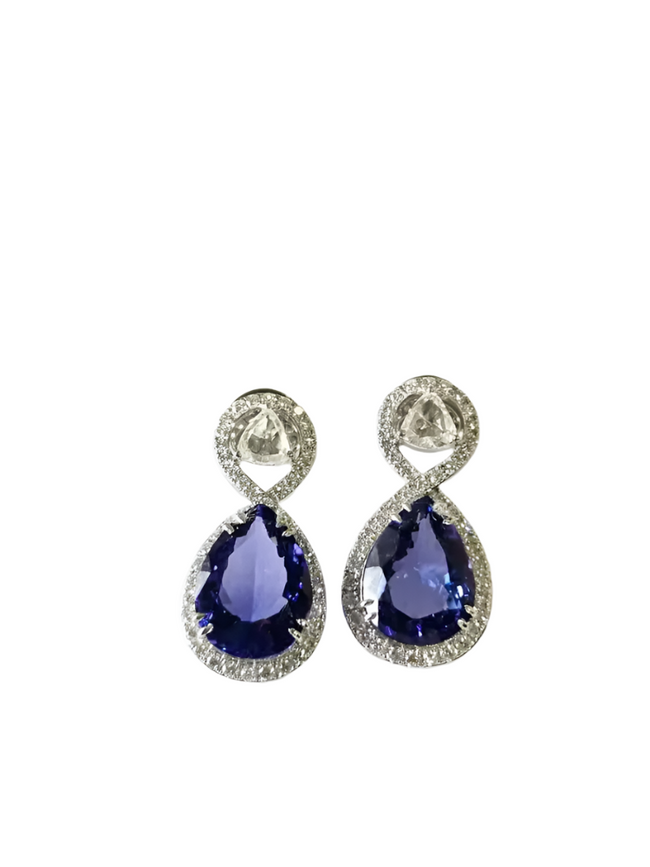 18k White Gold Handmade Rose Cut Diamond Earrings - Natural Tanzanite Gemstone Earrings - Best Anniversary Gift Hover Image