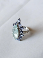 Carved Aquamarine Gemstone Ring - 18k White Gold Handmade Cocktail Ring - Natural Blue Sapphire Women Ring
