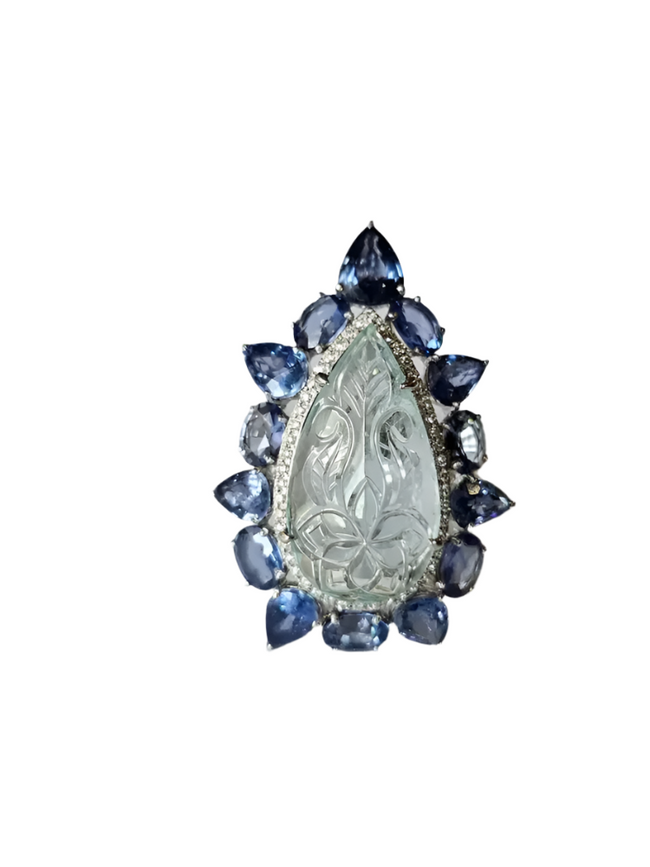 Carved Aquamarine Gemstone Ring - 18k White Gold Handmade Cocktail Ring - Natural Blue Sapphire Women Ring Hover Image