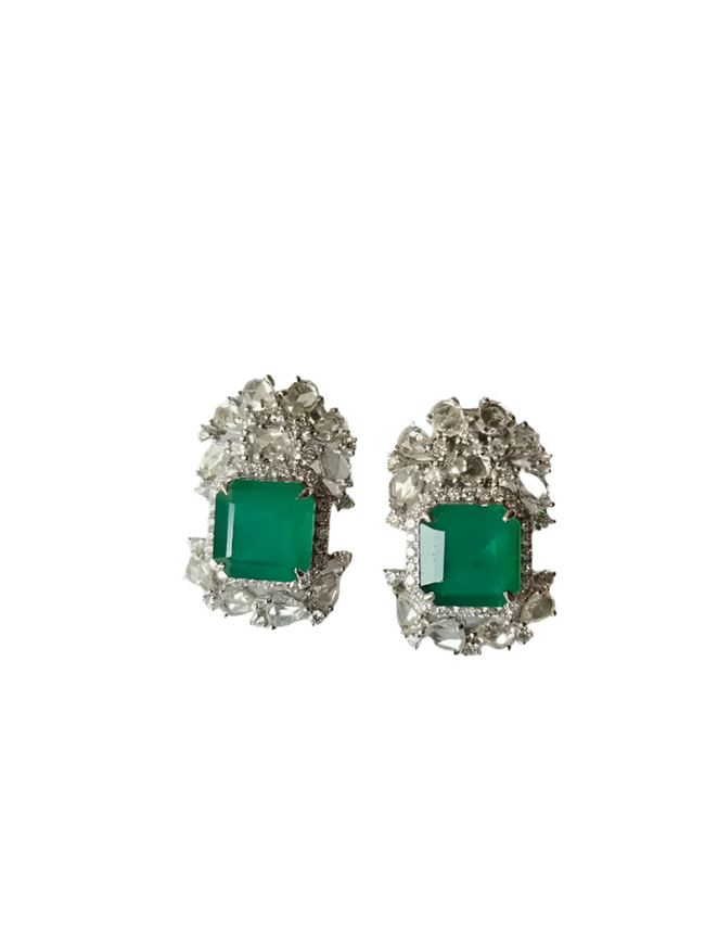18k White Gold Handmade Minimalist Earrings - Natural Zambian Emerald Diamond Tiny Stud Earrings Hover Image