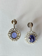 Natural Tanzanite & Diamond Earrings - 18k White Gold Handmade Dangle Women Earrings