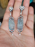 Handmade 18k White Gold Dangle Earrings - Natural Diamond & Carved Aquamarine Gemstone Earrings - Freshwater Pearl, Black Enamel Earrings
