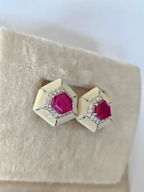 18k White Gold Handmade Minimalist Stud Earrings - Natural Mozambique Ruby White Enamel Earrings - Gold Diamond Earrings